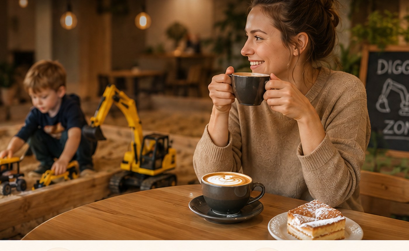Maminka s kávou a dítě v pískovišti Digger cafe